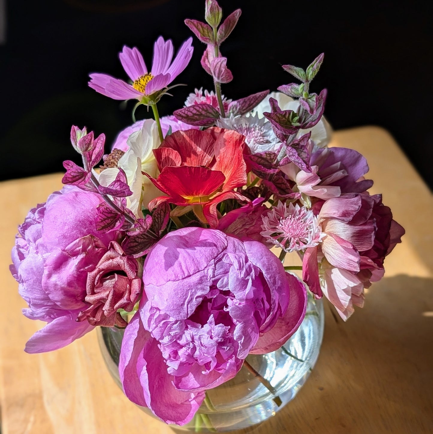 Bouquet of pink and red peonies and ranunculus in a clear vase on a wooden surface.
