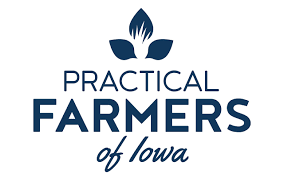 Practical Farmers of Iowa logo with blue text and leaf design on a white background